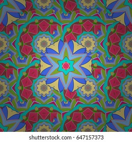 Tiled mandala design, best for print fabric or papper and more. Vector Mandala on colorful background. Boho style flower seamless pattern.