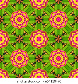 Tiled mandala design, best for print fabric or papper and more. Vector Mandala on colorful background. Boho style flower seamless pattern.