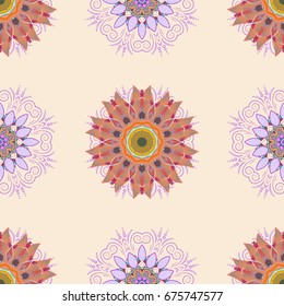 Tiled mandala design, best for print fabric or papper and more. Vector Mandala. Boho style flower seamless pattern. Background.