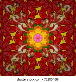 Tiled mandala design, best for print fabric or papper and more. Red, yellow and beige colors. Vector Mandala. Boho style flower seamless pattern.