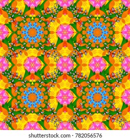 Tiled mandala design, best for print fabric or papper and more. Orange, green and yellow colors. Vector Mandala. Boho style flower seamless pattern.