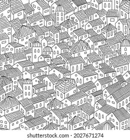 Techos de ciudades viejas enlosadas contornean la vista superior patrón sin fisuras, doodle estilo viejas casas dibujadas a mano y torres de la ciudad contorno ilustración vector