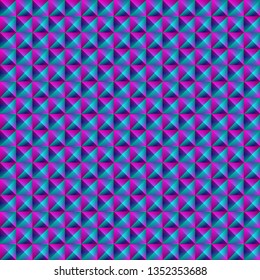 Tiled pattern of dark blue rhombuses and purple triangles in a zigzag and pyramid. Volumetric geometry for the background and design of strict elements.