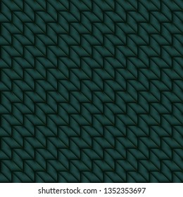 Tiled pattern of dark green rhombuses and triangles in a zigzag. Volumetric geometry for the background and design of strict elements.