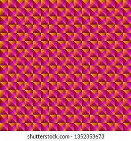Tiled pattern of dark pink rhombuses and orange triangles in a zigzag and pyramid. Volumetric geometry for the background and design of strict elements.