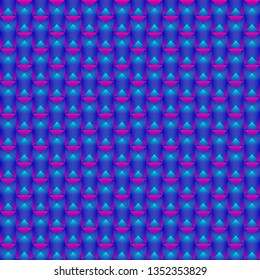 Tiled pattern of pink squares and striped blue triangles. Volumetric geometry for the background and design of strict elements.