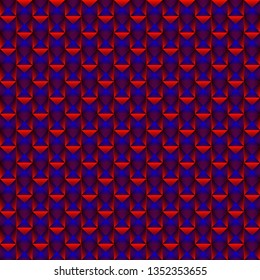 Tiled pattern of red squares and striped purple triangles. Volumetric geometry for the background and design of strict elements.