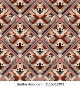 Tiled rhombus tribal vector seamless pattern. Ornamental abstract patterned geometric background. Modern striped ornament in ethnic aztec style. Geometry shapes, stripes, rhombus, triangles, circles