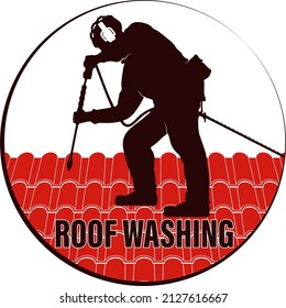 Tiled roof cleaner. Industrial washer on the roof. Worker with washing equipment symbol