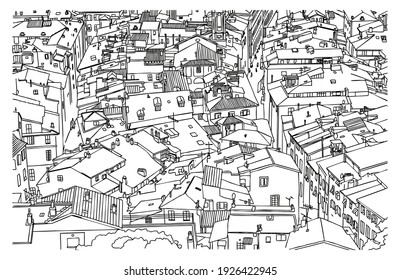  tiled roofs of Old Nice. City. France. Old town, street, house, roof, road, lane. Urban landscape. top view of the old town. Contour style. Linear art. Drawing sketch. Vector.