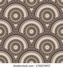 Tiled round mandalas seamless pattern. Elegant deco background. Greek ornamental repeat backdrop. Geometric ornament. Abstract modern design. Geometrical shapes, circles, mandalas, greek key, meander.