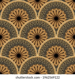 Mandalas redondeadas de baldosas sin costura. Fondo de superficie ornamental vectorial. El contexto étnico tribal de estilo griego se repite. Deco hermosos adornos con cuerdas, cuerdas, llave griega, serpenteantes, círculos.