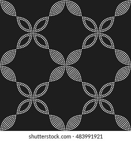 Tiled seamless flower pattern with dotted petals. Floral motif. Beads. Garlands. Abstract black and white mosaic background. Vector illustration.