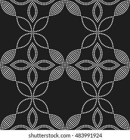 Tiled seamless flower pattern with dotted petals. Floral motif. Beads. Garlands. Abstract black and white mosaic background. Vector illustration.