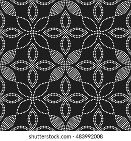 Tiled seamless flower pattern with dotted petals. Floral motif. Beads. Garlands. Abstract black and white mosaic background. Vector illustration.