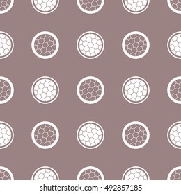 Tiled seamless geometric pattern of circles filled with grid of hexagons. Sacred geometry inspired print. Abstract monochrome background. Vector illustration.
