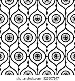 Tiled seamless geometric pattern of circles. Garlands. Beads. Trellis. Abstract black and white background. Arabic motifs inspired print. Vector illustration.