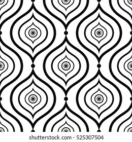 Ladrilhado padrão geométrico sem costura de círculos. Garlands. Contas. Fundo preto e branco abstrato. Impressão inspirada em motivos árabes. Ilustração vetorial.