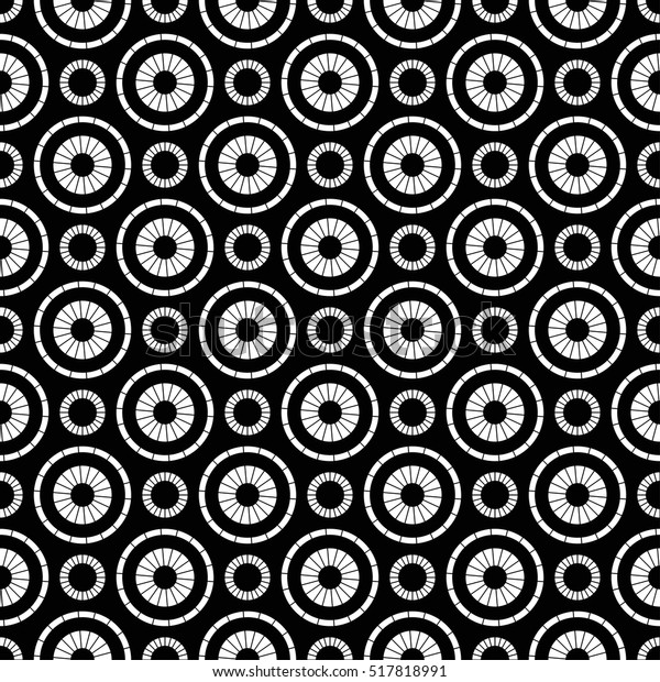 Tiled seamless geometric pattern of circles\
divided into sections. Grid. Abstract black and white background.\
Monochrome print. Vector\
illustration.