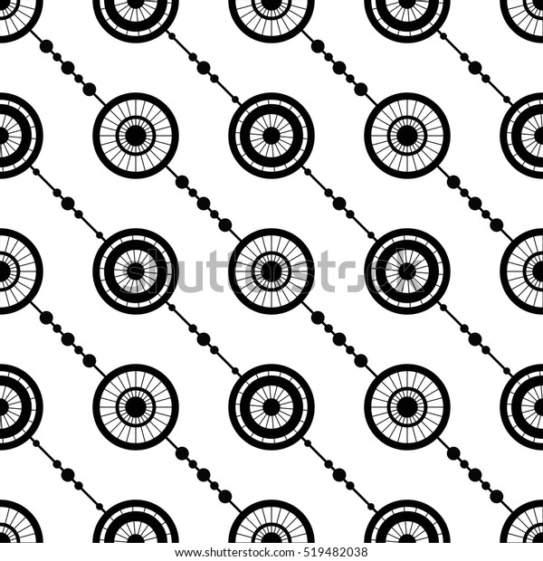 Tiled seamless geometric pattern of circles\
divided into sections. Garlands. Beads. Abstract black and white\
background. Vector\
illustration.