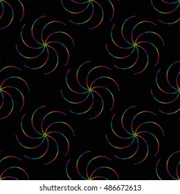 Tiled seamless geometric pattern of dotted spirals in rainbow colors. Beads. Abstract colorful mosaic background. Vector illustration.