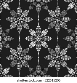 Tiled seamless geometric pattern of dotted flowers in garlands. Floral motif. Beads.  Abstract black and white mosaic background. Vector illustration.