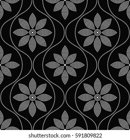 Diseño geométrico sin fisuras, enlosado, de flores punteadas y guirnaldas onduladas. Motivo floral. Cuentas. Fondo abstracto de mosaico en blanco y negro. Ilustración vectorial.