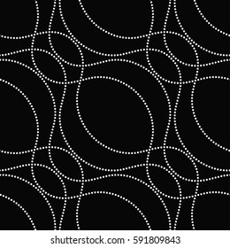 Tiled seamless geometric pattern of dotted wavy garlands. Chain motif. Beads. Abstract black and white mosaic background. Vector illustration.