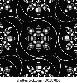 Tiled seamless geometric pattern of dotted flowers and wavy garlands. Floral motif. Beads. Abstract black and white mosaic background. Vector illustration.