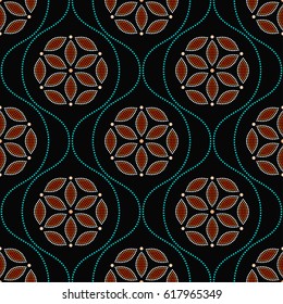 Tiled seamless geometric pattern of dotted flowers, petals and wavy garlands. Floral trellis print. Beads. Abstract colorful mosaic background of white, orange and turquoise dots. Vector illustration.