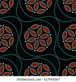 Tiled seamless geometric pattern of dotted flowers, petals and wavy garlands. Floral trellis print. Beads. Abstract colorful mosaic background of white, orange and turquoise dots. Vector illustration.
