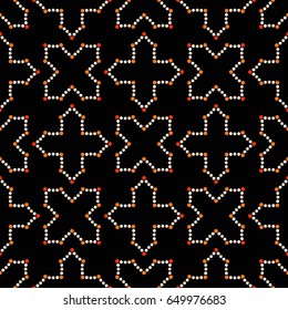 Tiled seamless geometric pattern of dotted X-shape and cross elements inspired by Moorish ornaments in Alhambra, Spain. Beads. Abstract colorful mosaic background. Vector Illustration.