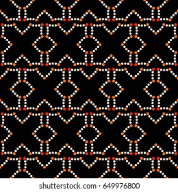 Tiled seamless geometric pattern of dotted X-shape elements inspired by Moorish ornaments in Alhambra, Spain. Beads. Abstract colorful mosaic background. Vector Illustration.