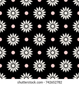 Tiled seamless geometric pattern of dotted flowers in garlands. Floral motif. Beads. Abstract black and white mosaic background. Vector illustration.