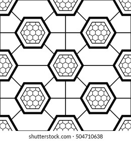 Tiled seamless geometric pattern of hexagons filled with grid of hexagons. Grid. Oriental motif. Abstract black and white background. Arabic architecture inspired print. Vector illustration.