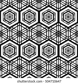 Tiled seamless geometric pattern of hexagons. Grid. Oriental motif. Abstract black and white background. Arabic architecture inspired print. Vector illustration.