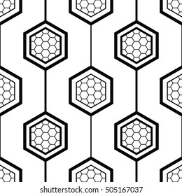 Tiled seamless geometric pattern of hexagons filled with grid of hexagons. Garlands. Oriental motif. Abstract black and white background. Vector illustration.