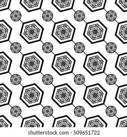 Tiled seamless geometric pattern of hexagons and circles. Garlands. Oriental motif. Abstract black and white background. Arabic architecture inspired print. Vector illustration.