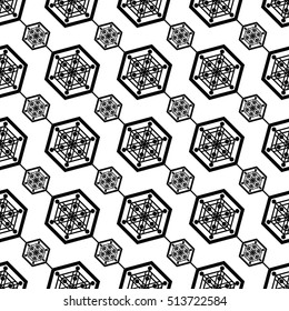 Tiled seamless geometric pattern of hexagons. Garlands. Oriental motif. Abstract black and white background. Arabic architecture inspired print. Vector illustration.