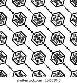 Tiled seamless geometric pattern of hexagons. Garlands. Beads. Oriental motif. Abstract black and white background. Arabic architecture inspired print. Vector illustration.