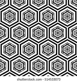 Tiled seamless geometric pattern of hexagons. Grid. Oriental motif. Abstract black and white background. Arabic architecture inspired print. Vector illustration.