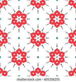 Tiled seamless geometric pattern of pink lotus flower and dotted beads. Spring floral motif. Abstract colorful mosaic on white background. Vector illustration.