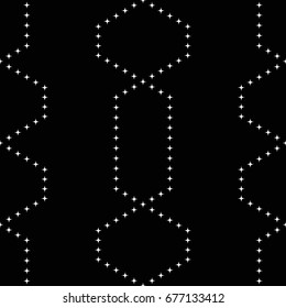 Tiled seamless geometric pattern of starry geometric shapes in garlands. Tracery beads motif.  Abstract black and white mosaic background. Vector illustration.