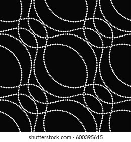 Tiled seamless geometric pattern of tracery wavy garlands. Chain motif made of squares. Mosaic beads. Abstract black and white background. Vector illustration.