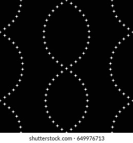 Tiled seamless geometric pattern of tracery decorative chain made of stars. Mosaic print. Abstract black and white background. Vector illustration.
