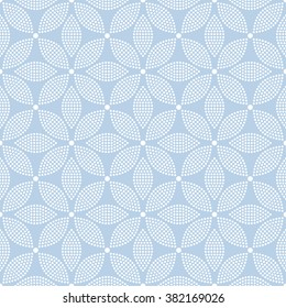 Tiled seamless geometric trellis pattern of dotted petals and flowers. Tracery garlands. Floral motif. Beads. Abstract pastel blue color mosaic background. Vector illustration.