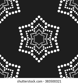 Tiled seamless geometric trellis pattern of dotted flowers. Tracery garlands. Floral motif. Beads. Abstract black and white mosaic background. Vector illustration.