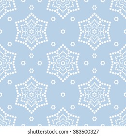 Tiled seamless geometric trellis pattern of dotted flowers. Tracery garlands. Floral motif. Beads. Abstract pastel blue color mosaic background. Vector illustration.