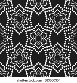 Tiled seamless geometric trellis pattern of dotted flowers. Tracery garlands. Floral motif. Beads. Abstract black and white mosaic background. Vector illustration.