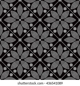 Tiled seamless geometric trellis pattern of dotted petals and flowers. Tracery Floral motif. Beads. Abstract black and white mosaic background. Vector illustration.